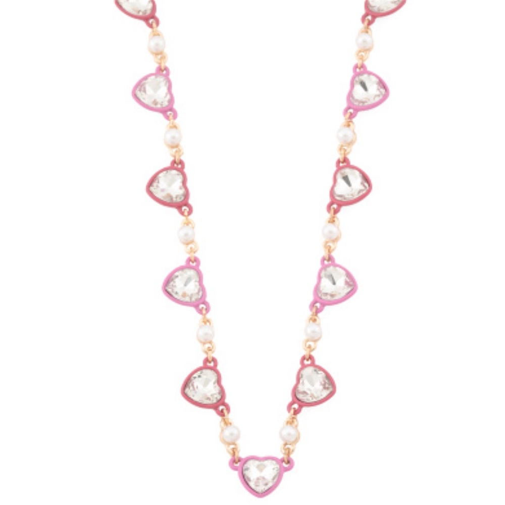 Betsey Johnson Stone Heart Collar Necklace - Crystals pearls and gold tone chain